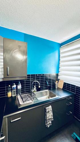 a kitchen with a sink and a blue wall at Chambre Privée Kozy - Stade de France in Saint-Denis