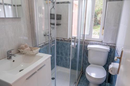 e bagno con servizi igienici, doccia e lavandino. di Apartamentos Ondina a Soto de Luiña