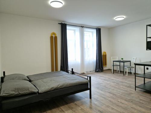 1 dormitorio con cama y escritorio. en Cukmantl Apartments, en Jeseník