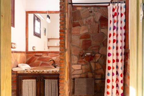 La salle de bains en pierre est pourvue d'un lavabo et d'un miroir. dans l'établissement El Pinsapo Casa Rural, à Cuevas del Becerro