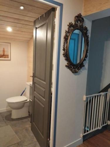une salle de bain avec toilettes et un miroir au mur dans l'établissement La Villa Varanguaise 3 étoiles Lacanau, à Lacanau