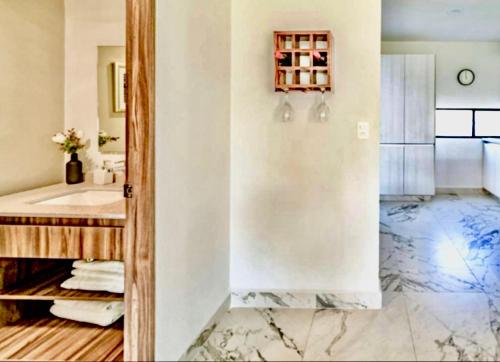 a bathroom with a sink and a mirror at Casa de las Palmas tu destino en Morelos in Alpuyeca