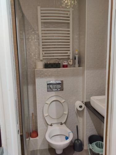 une petite salle de bain avec toilettes et lavabo dans l'établissement Chez nous et Chez vous STUDIO, à Paris