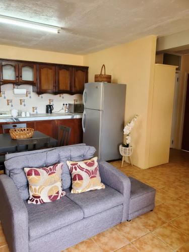 ein Wohnzimmer mit einem Sofa und einem Kühlschrank in der Unterkunft Lind's comfort place in Roseau
