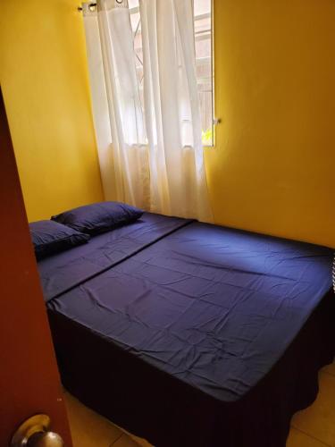Bett in einem Zimmer mit Fenster in der Unterkunft Lind's comfort place in Roseau