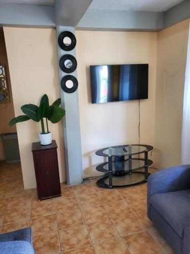een woonkamer met een tafel en een televisie bij Lind's comfort place in Roseau