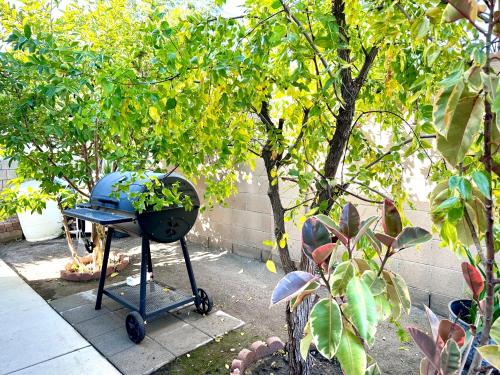 a grill on a cart in a garden with trees at Stylist Home In Convenient Location! in Temple City