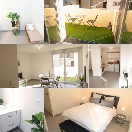 un collage de photos d'une chambre et d'un salon dans l'établissement Logement Entier - Appartement T2 Confort - Toulouse - Balcon Aménagé, à Toulouse