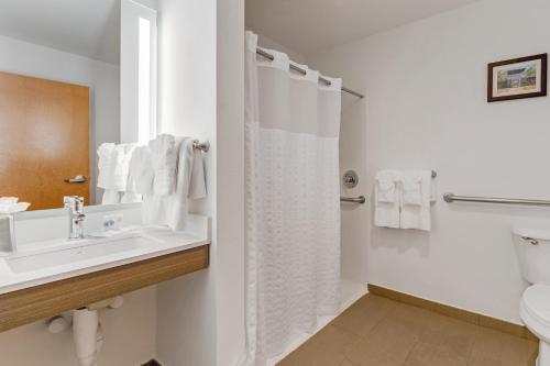 a white bathroom with a sink and a shower at Comfort Suites Murfreesboro in Murfreesboro