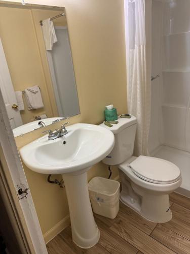 a bathroom with a sink and a toilet and a mirror at The Boards AC in Atlantic City