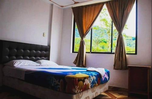 een slaapkamer met een bed en een raam met gordijnen bij Hotel Anita in Mindo