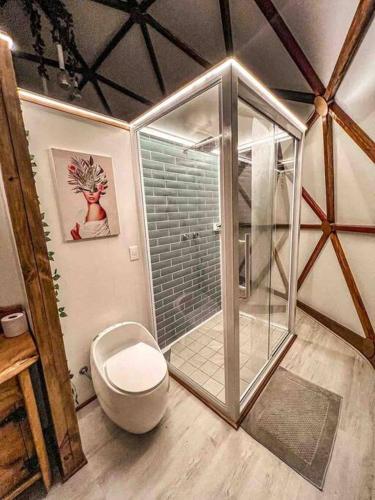 a bathroom with a glass shower and a toilet at Domo Geodésico - Entre Chalés - Pet Friendly in São Bento do Sapucaí