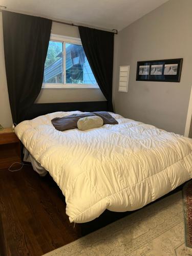 a large bed in a bedroom with a window at Green #23 in Northbrook