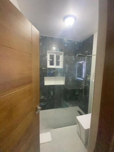 baño con ducha, aseo y puerta en Eco casa sosua en Sosúa
