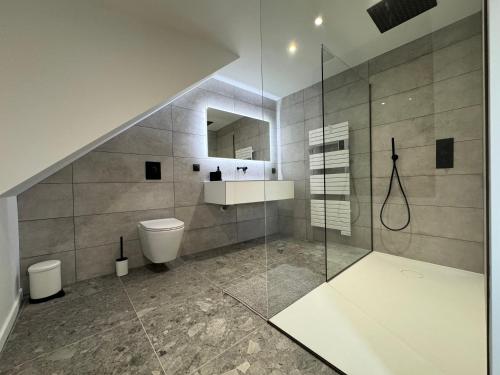 uma casa de banho com um chuveiro e um WC. em Maison bretonne en pierre rénovée em Plédran
