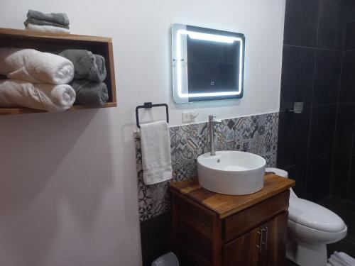 a bathroom with a sink and a toilet and a mirror at Arenal Getaway in Fortuna