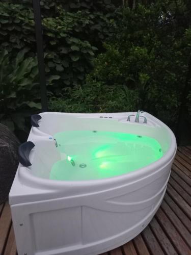a bath tub filled with green liquid sitting on a deck at Arenal Getaway in Fortuna