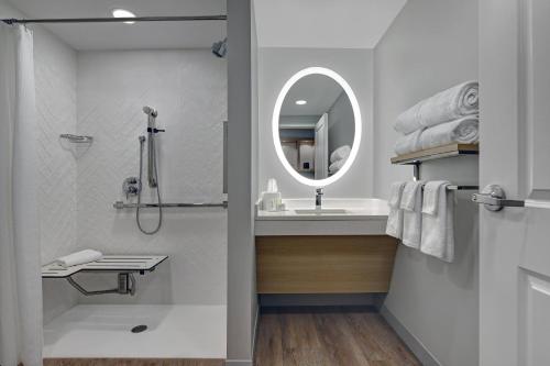 y baño con ducha, lavabo y espejo. en TownePlace Suites by Marriott Sumter, en Sumter