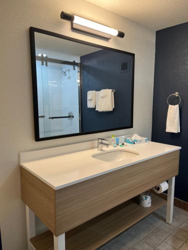 a bathroom with a sink and a large mirror at Greenwood Inn in Greenwood Village