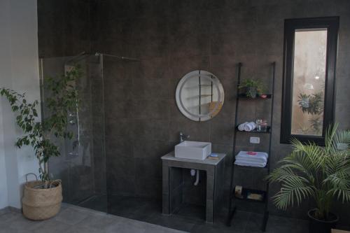 ein Bad mit einer Dusche, einem Waschbecken und einem Spiegel in der Unterkunft Nouvel Appartement Moderne À La Corniche De Bizerte in Bizerte