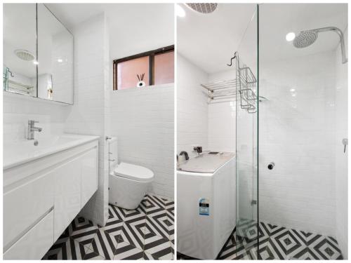 two images of a bathroom with a sink and a toilet at Chic Studio with Pool Overlooking the City in Sydney