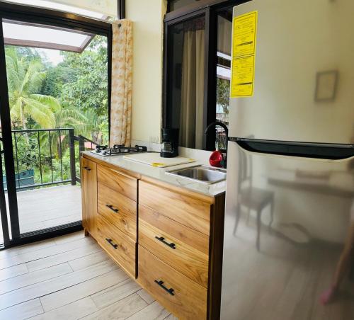 eine Küche mit einer Spüle und einem Kühlschrank in der Unterkunft Enchanted Monkey Apartment in Quepos
