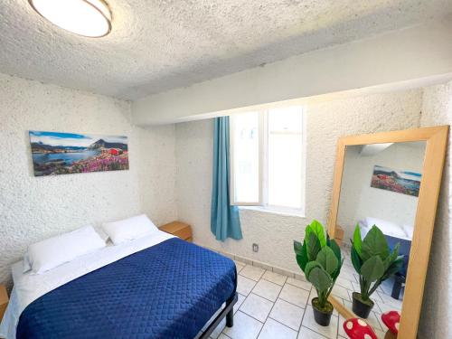 Hotel RJ Querétaro في كيريتارو: غرفة نوم بسرير ازرق ومرآة