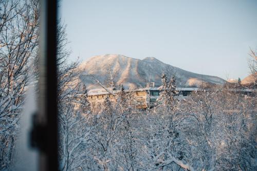 a view of a building with a mountain in the background at Lucky Duck Cabin Myoko in Myoko