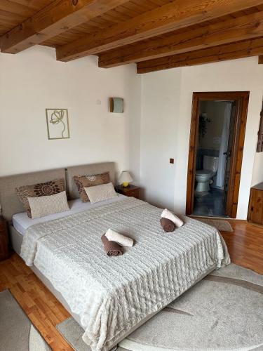 a bedroom with a large bed with two pillows on it at NIKI HOUSE in Bansko
