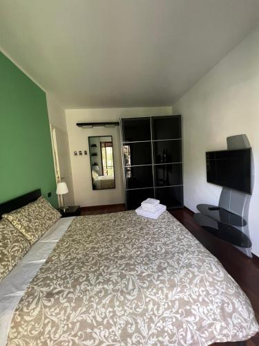 a bedroom with a large bed and a flat screen tv at Anto's House in Recco
