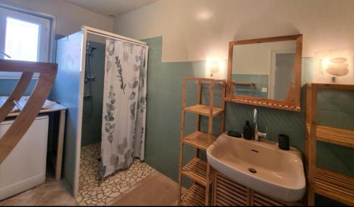 a bathroom with a sink and a shower at Le Temps des Cerises in Saint-Georges-en-Couzan