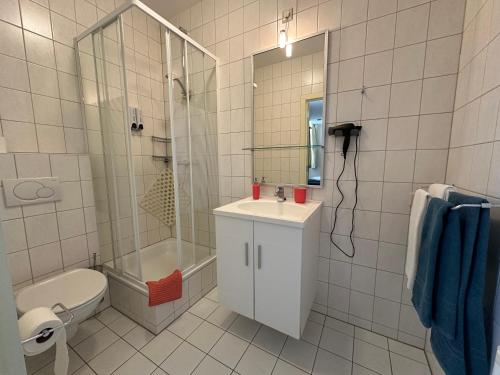 a bathroom with a sink and a shower and a toilet at B&B Maria Hart in Weert