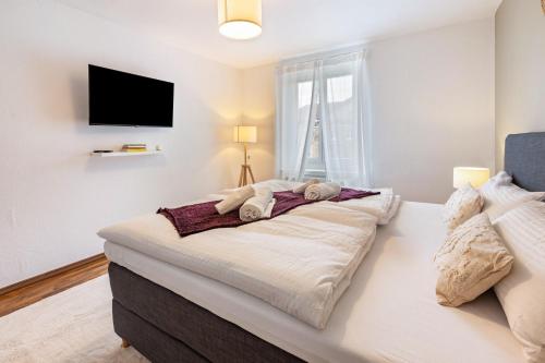 a bedroom with a large bed with a tv on the wall at Spa Apartment am Bauhausmuseum in Dessau