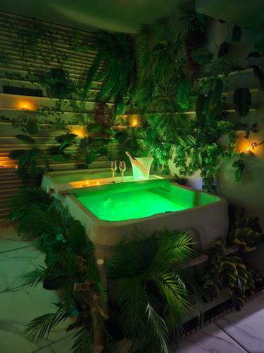ラマルー・レ・バンにあるL'appart'hôtel 23ème avenue - Spa privatif - Love room - Appartements à thèmesの植物と照明のある緑の浴槽を備えたバスルーム
