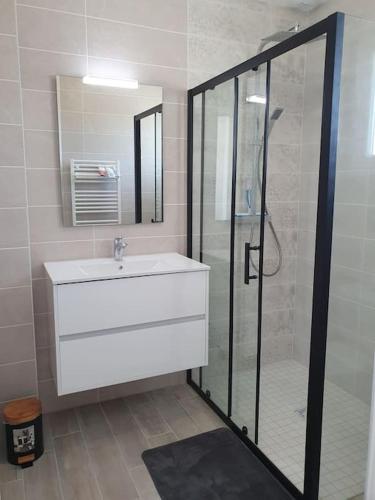 une salle de bain avec un lavabo blanc et une douche dans l'établissement Studio cosy maison neuve Rafa, à Médis