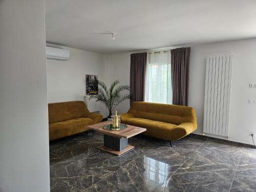 a living room with two couches and a coffee table at Maison Paray- Orly- Parking Privé in Paray-Vieille-Poste