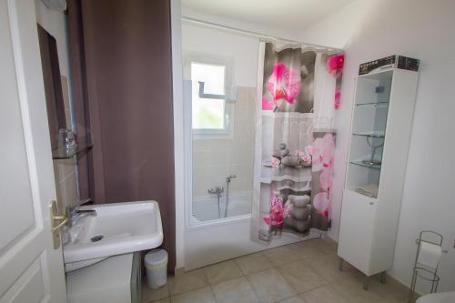 ein Badezimmer mit Waschbecken und Dusche mit Teddybären in der Unterkunft Villa climatisée T3 piscine chauffée accès direct à la plage de Prunete in Cervione