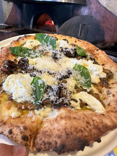 a pizza sitting on top of a white plate at Hotel CASA VICO in Ako