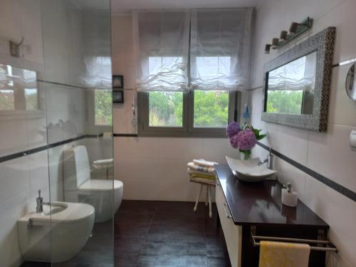 ein Badezimmer mit einem Waschbecken, einem WC und einer Badewanne in der Unterkunft Casa moderna con jardín, 2 habitaciones in Santa Cruz de Bezana