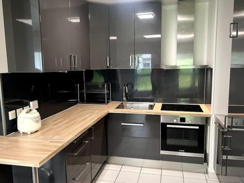 une cuisine avec un évier et un plan de travail dans l'établissement Ds appartement élégant au pieds du tramway, à Vitry-sur-Seine