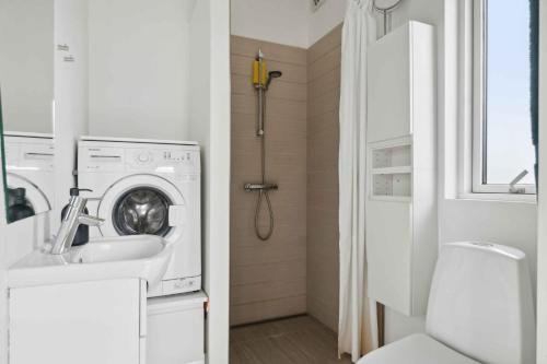 ein Badezimmer mit einer Waschmaschine und einem Waschbecken in der Unterkunft Modern Summer House With Fantastic Skylight, in Slagelse