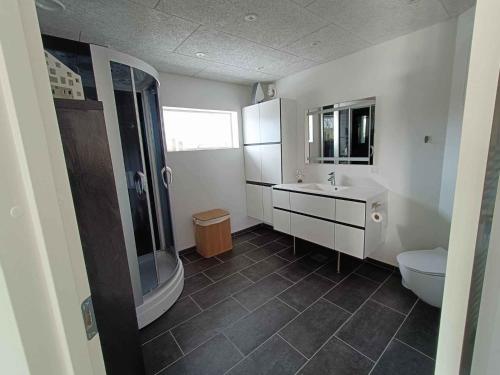 ein Bad mit einem WC, einem Waschbecken und einer Dusche in der Unterkunft Holiday Home In Blokhus in Blokhus