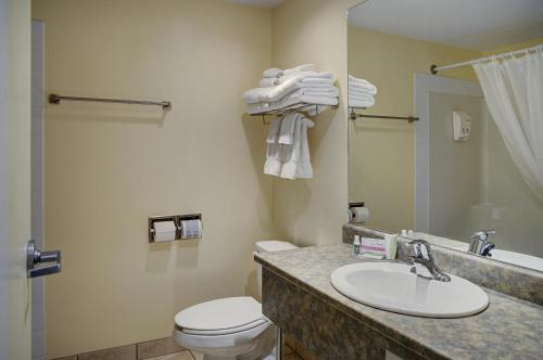 a bathroom with a sink and a toilet and a mirror at Lakeview Inns & Suites - Okotoks in Okotoks