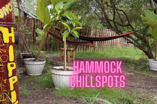 a sign for a hammock child spot in a garden at Uncle Hippie's Dream in Gili Meno