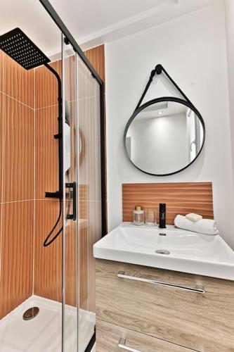 une salle de bain avec une douche, un lavabo et un miroir dans l'établissement Appartement 3 chambres Paris Sentier, à Paris