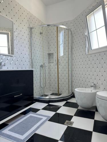 La salle de bains est pourvue d'une douche, de toilettes et d'un lavabo. dans l'établissement Villa August Ksamil, à Ksamil