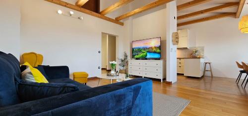 a living room with a blue couch and a tv at Apartment Bluemare B6 with Shared Pool in Ližnjan