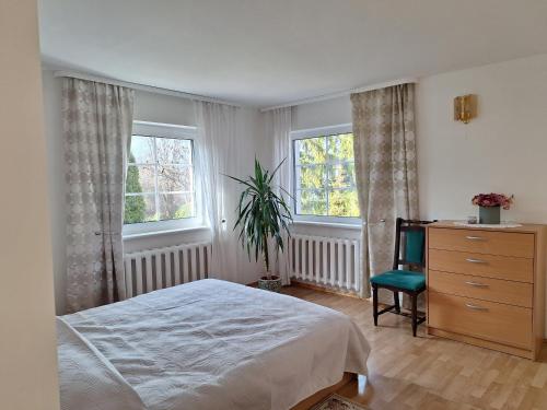 a bedroom with a bed and a dresser and two windows at Augutės Zurlienės apartamentai in Trakai