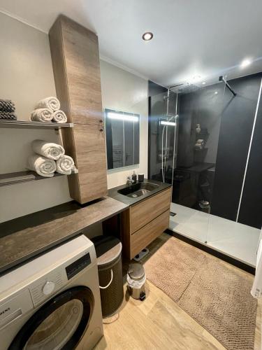 La salle de bains est pourvue d'un lave-linge et d'une douche. dans l'établissement Appartement Cosy Montigny le Bretonneux, à Montigny-le-Bretonneux