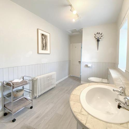 a bathroom with a sink and a toilet at Sculpture Park Cottage in Penistone